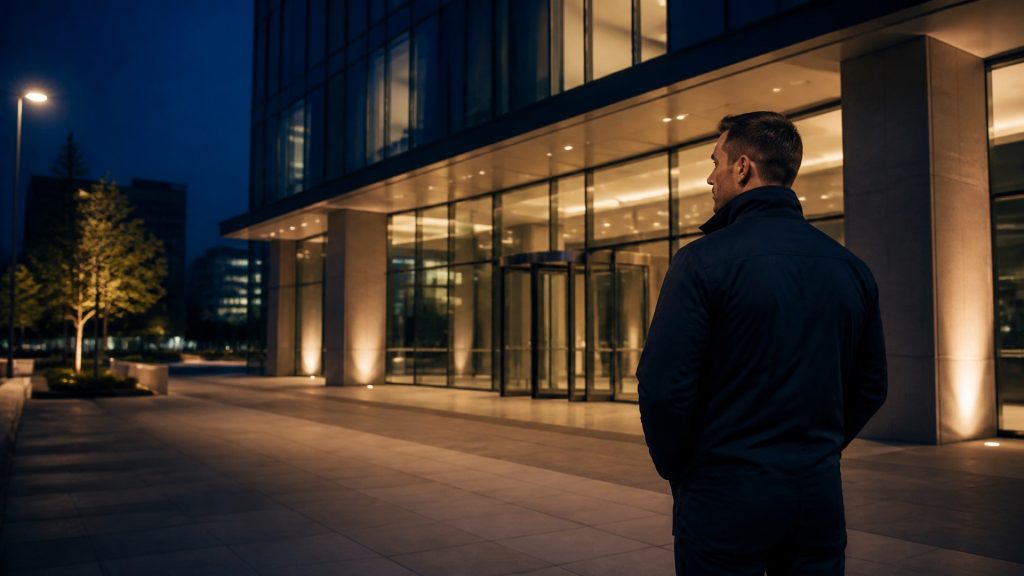 Professioneller Sicherheitsmitarbeiter vor einem modernen Bürogebäude